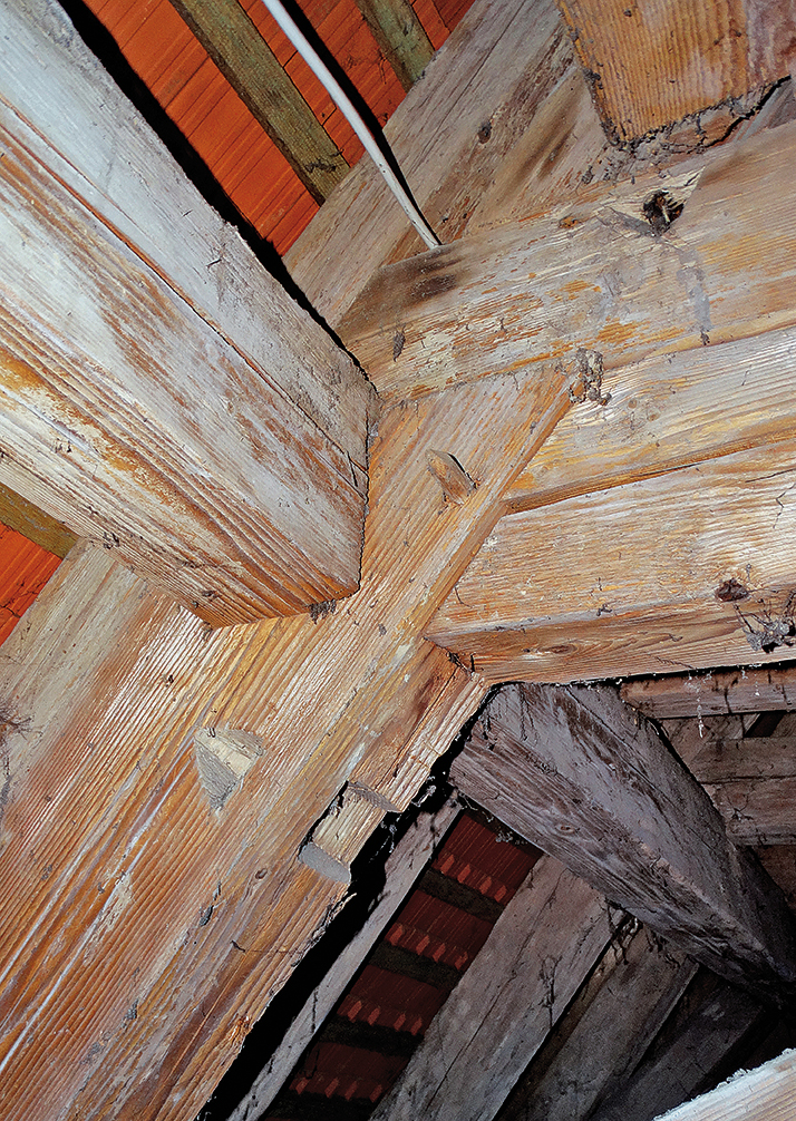 Floßholz im Langhausdachwerk der Veitskirche: Für besonders lange Bauteile benötigte man Nadelholz, wie etwa für das 12,8 Meter weit gespannte Dachwerk über dem 1587 erweiterten Schiff der Veitskirche. Floßhölzer erkennt man gut an den dreieckig vorgekerbten „Wiedlöchern“. Sie dienten als Ösen zum Zusammenbinden der Stämme. Die auf dem Neckar verflößten Nadelhölzer wurden in Tübingen aus den Flößen ausgebunden und auf dem Karren durchs Steinlachtal bis nach Nehren geschafft.