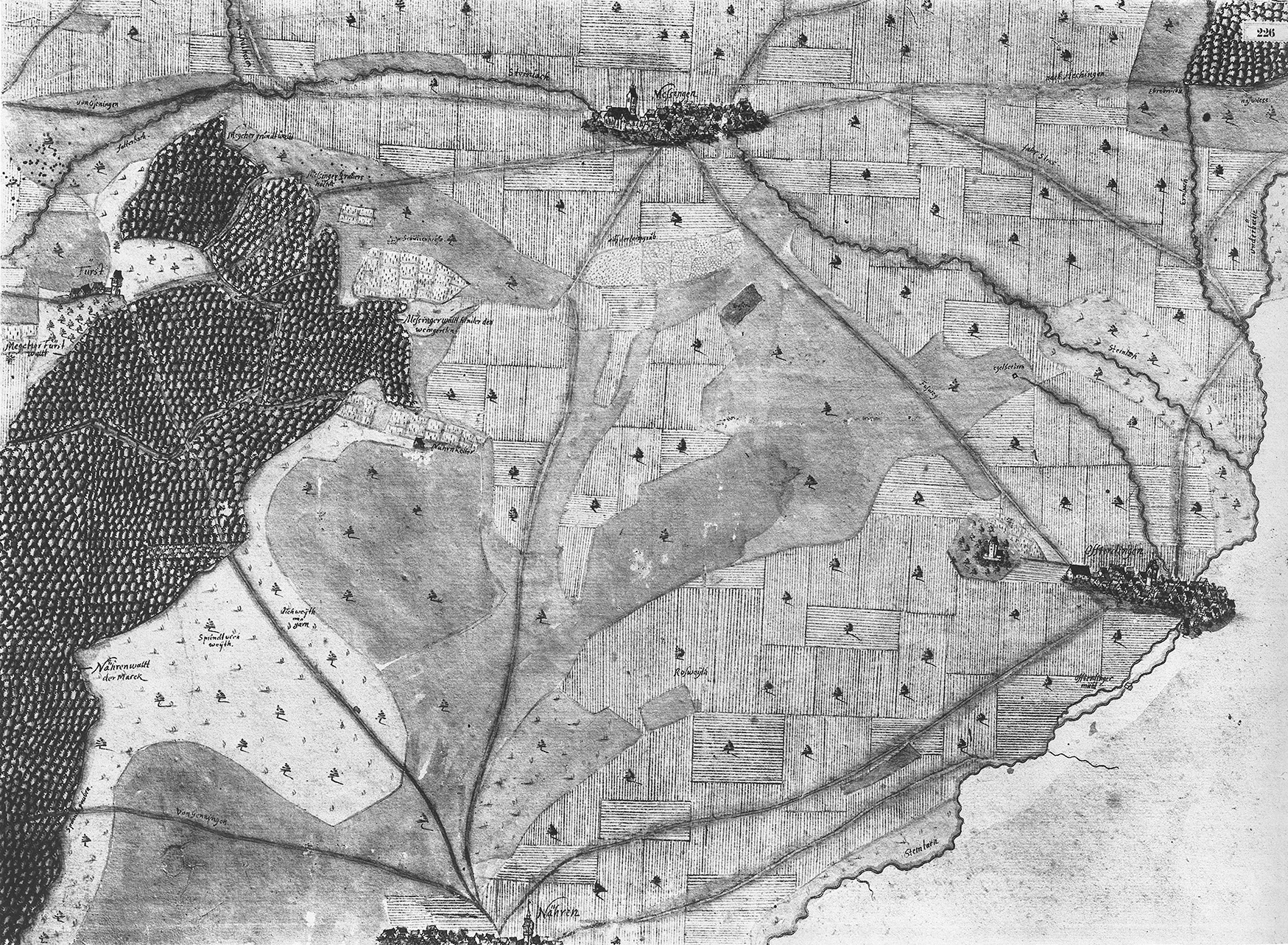 Abb. 1: Die nach Süden ausgerichtete Flurkarte von Andreas Kieser von 1683 zeigt die Landschaftsgliederung zwischen Nehren (unterer Bildrand), Ofterdingen (rechts), Mössingen (oben) und Burg First (links oberhalb des Waldes). Die Kartierung endet im Westen (rechts) an Steinlach und Tannbach.