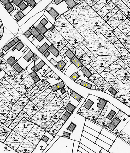 Abb. 2: Die Kappel 1843. In Gelb hervorgehoben sind die heutigen Hausnummern der im Text erwähnten Häuser.
