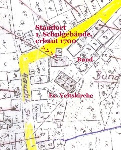 Abb. 1: Der Ausschnitt aus der Flurkarte von 1843 zeigt den Standort des ersten Schulgebäudes (erbaut 1700) bei der Kirche.