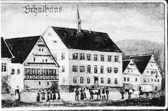 Abb. 2: Ausschnitt einer Grußkarte von 1844 mit dem Schul- und Rathaus, Hauptstraße 32
